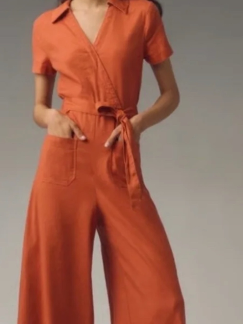 Anthropologie Rust Orange Short-Sleeve Wrap Jumpsuit